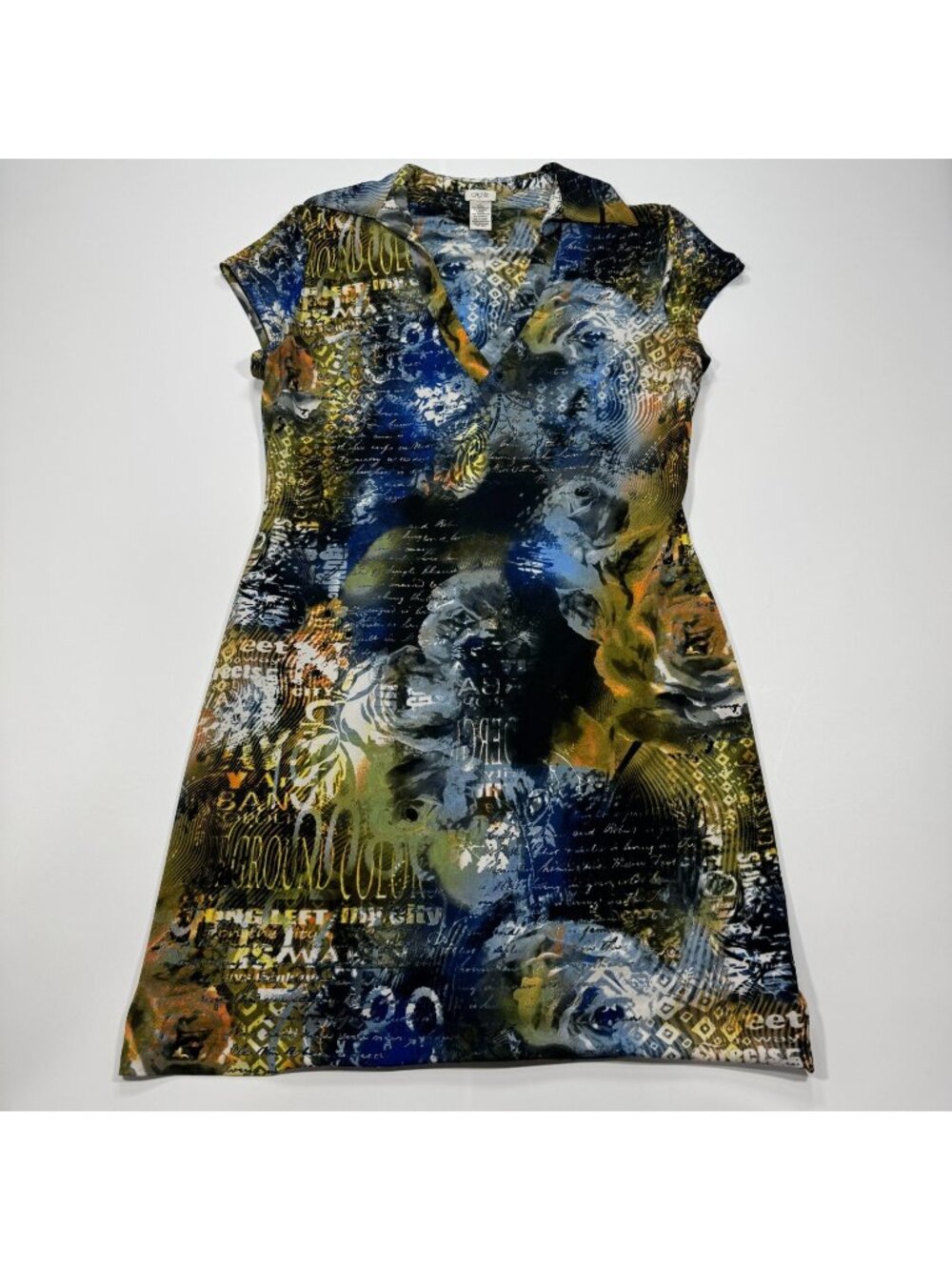 Cache Dress Women's L Black Abstract Polyester Mini Bodycone Collared Stretch